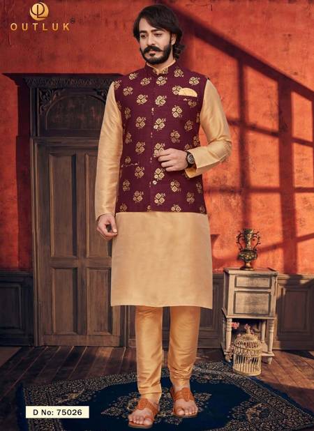 Brown And Golden Colour Outluk Vol 75 Latest Designer Festive Wear Kurta Pajama With Jacket Collection 75026